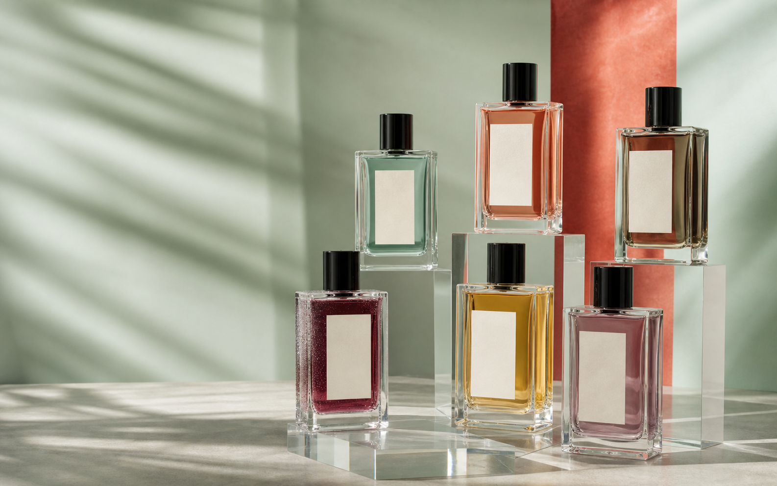 Six minimalist Hypochess perfume bottles arranged in afternoon light